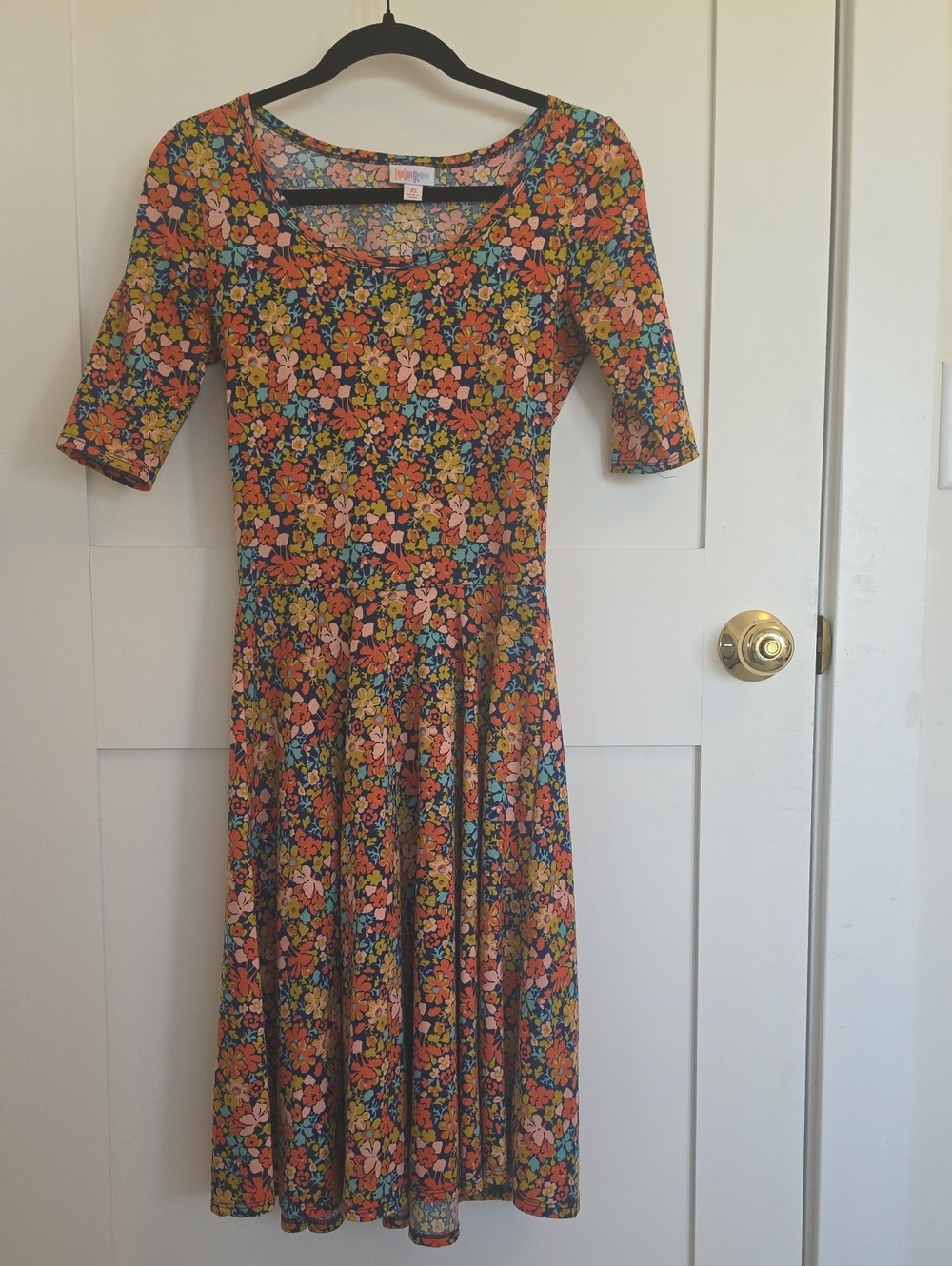 LuLaRoe Floral Scoop Midi Dress in Orange, Yellow, Pink
